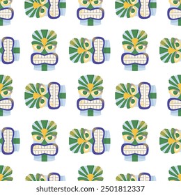 Seamless pattern with tiki masks. Cartoon ceremonial tiki totem masks, Wooden Totems, Ornamental Hawaiian Mask, African Mask Sculpture. Vector illustrations masks isolated on background