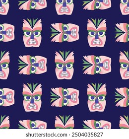 Seamless pattern with tiki masks. Cartoon ceremonial tiki totem masks, Wooden Totems, Ornamental Hawaiian Mask, African Mask Sculpture. Vector illustrations masks isolated on background