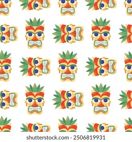 Seamless pattern with tiki masks. Cartoon ceremonial tiki totem masks, Wooden Totems, Ornamental Hawaiian Mask, African Mask Sculpture. Vector illustrations masks isolated on background