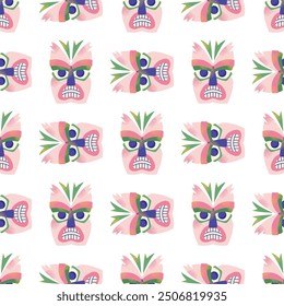 Seamless pattern with tiki masks. Cartoon ceremonial tiki totem masks, Wooden Totems, Ornamental Hawaiian Mask, African Mask Sculpture. Vector illustrations masks isolated on background