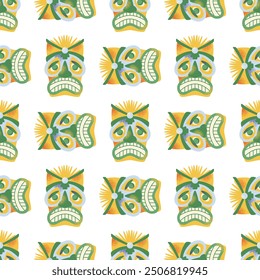 Seamless pattern with tiki masks. Cartoon ceremonial tiki totem masks, Wooden Totems, Ornamental Hawaiian Mask, African Mask Sculpture. Vector illustrations masks isolated on background