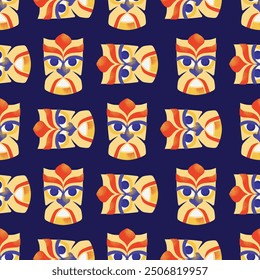 Seamless pattern with tiki masks. Cartoon ceremonial tiki totem masks, Wooden Totems, Ornamental Hawaiian Mask, African Mask Sculpture. Vector illustrations masks isolated on background