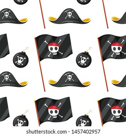 Caricatura de mosaico de patrones sin foco con ilustración de tema pirata