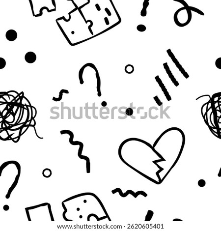 Seamless pattern tile with doodle icons expressing different negative emotions. Hand drawn vector illustration