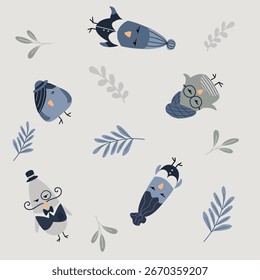 Teja inconsútil del modelo con los pájaros divertidos, de moda en trajes. Lindo patrón de Vector 
