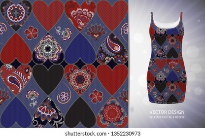 Seamless pattern tile with mandalas and heart. Vintage decorative elements. Hand drawn background. Islam, Arabic, Indian, ottoman motifs. Perfect for printing on fabric or paper.
