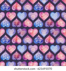 Seamless pattern tile with mandalas, heart and watercolor. Vintage decorative elements. Hand drawn background. Islam, Arabic, Indian, ottoman motifs. Perfect for printing on fabric or paper.