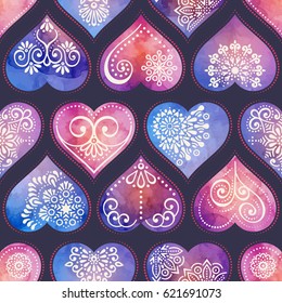 Seamless pattern tile with mandalas, heart and watercolor. Vintage decorative elements. Hand drawn background. Islam, Arabic, Indian, ottoman motifs. Perfect for printing on fabric or paper.