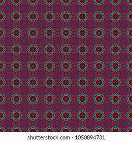 Seamless pattern tile with mandalas. Vintage vector decorative elements in blue, brown and purple colors. Islam, Arabic, Indian, ottoman motifs. Perfect for printing on fabric or paper.