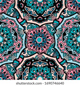 Baldosa de teja sin inconvenientes con mandalas. Elementos decorativos de época. Antecedentes dibujados a mano. Motivos islámicos, árabes, indios y otomanos. Perfecto para imprimir en tela o papel.
