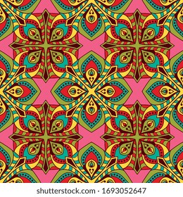 Baldosa de teja sin inconvenientes con mandalas. Elementos decorativos de época. Antecedentes dibujados a mano. Motivos islámicos, árabes, indios y otomanos. Perfecto para imprimir en tela o papel.