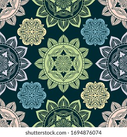 Seamless pattern tile with mandalas. Vintage decorative elements. Hand drawn background. Islam, Arabic, Indian, ottoman motifs. Perfect for printing on fabric or paper.