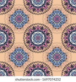 Seamless pattern tile with mandalas. Vintage decorative elements. Hand drawn background. Islam, Arabic, Indian, ottoman motifs. Perfect for printing on fabric or paper.