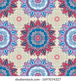 Nahtlose Musterkachel mit Mandalas. Vintage dekorative Elemente. Handgezeichnet Hintergrund. Islam, arabische, indische, ottomanische Motive. Perfekt für den Druck auf Stoff oder Papier.