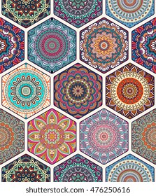 Seamless pattern tile with mandalas. Vintage decorative elements. Hand drawn background. Islam, Arabic, Indian, ottoman motifs. Perfect for printing on fabric or paper.