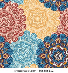 Seamless pattern tile with mandalas. Vintage decorative elements. Hand drawn background. Islam, Arabic, Indian, ottoman motifs. Perfect for printing on fabric or paper.