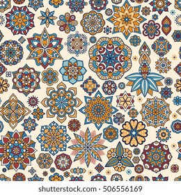 Seamless pattern tile with mandalas. Vintage decorative elements. Hand drawn background. Islam, Arabic, Indian, ottoman motifs. Perfect for printing on fabric or paper.
