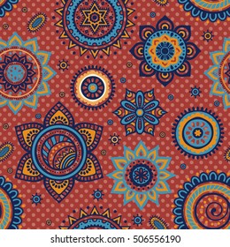 Seamless pattern tile with mandalas. Vintage decorative elements. Hand drawn background. Islam, Arabic, Indian, ottoman motifs. Perfect for printing on fabric or paper.