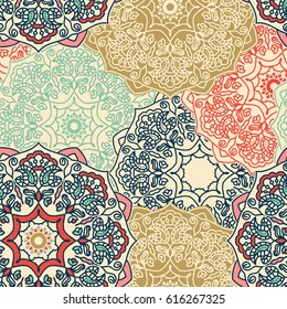 Seamless pattern tile with mandalas. Vintage decorative elements. Hand drawn background. Islam, Arabic, Indian, ottoman motifs.