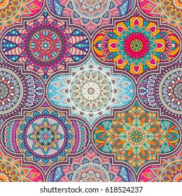 Seamless pattern tile with mandalas. Vintage decorative elements. Hand drawn background. Islam, Arabic, Indian, ottoman motifs. Perfect for printing on fabric or paper.