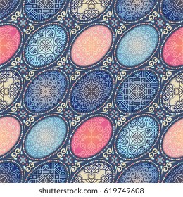 Seamless pattern tile with mandalas. Vintage decorative elements. Hand drawn background. Islam, Arabic, Indian, ottoman motifs. Perfect for printing on fabric or paper.