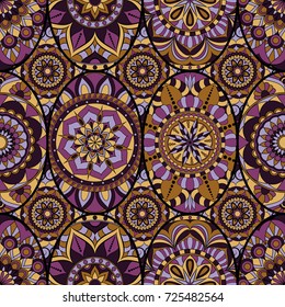 Seamless pattern tile with mandalas. Vintage decorative elements. Hand drawn background. Islam, Arabic, Indian, ottoman motifs. Perfect for printing on fabric or paper.