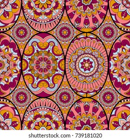 Seamless pattern tile with mandalas. Vintage decorative elements. Hand drawn background. Islam, Arabic, Indian, ottoman motifs. Perfect for printing on fabric or paper.