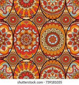 Seamless pattern tile with mandalas. Vintage decorative elements. Hand drawn background. Islam, Arabic, Indian, ottoman motifs. Perfect for printing on fabric or paper.