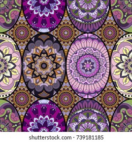 Seamless pattern tile with mandalas. Vintage decorative elements. Hand drawn background. Islam, Arabic, Indian, ottoman motifs. Perfect for printing on fabric or paper.