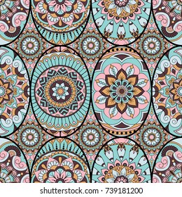 Seamless pattern tile with mandalas. Vintage decorative elements. Hand drawn background. Islam, Arabic, Indian, ottoman motifs. Perfect for printing on fabric or paper.