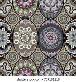 Seamless pattern tile with mandalas. Vintage decorative elements. Hand drawn background. Islam, Arabic, Indian, ottoman motifs. Perfect for printing on fabric or paper.