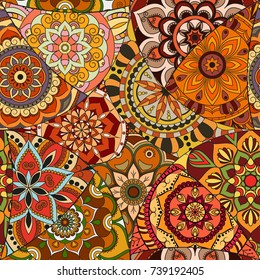 Seamless pattern tile with mandalas. Vintage decorative elements. Hand drawn background. Islam, Arabic, Indian, ottoman motifs. Perfect for printing on fabric or paper.
