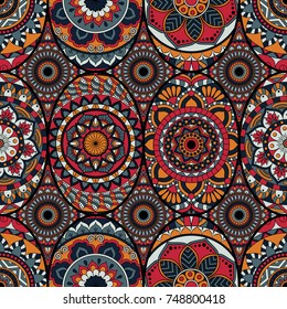 Seamless pattern tile with mandalas. Vintage decorative elements. Hand drawn background. Islam, Arabic, Indian, ottoman motifs. Perfect for printing on fabric or paper.