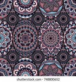 Seamless pattern tile with mandalas. Vintage decorative elements. Hand drawn background. Islam, Arabic, Indian, ottoman motifs. Perfect for printing on fabric or paper.