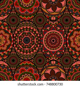 Seamless pattern tile with mandalas. Vintage decorative elements. Hand drawn background. Islam, Arabic, Indian, ottoman motifs. Perfect for printing on fabric or paper.