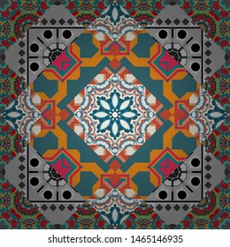 Seamless pattern tile. Perfect for printing on fabric or paper. Islam, Arabic, Indian, ottoman motifs. Vintage vector decorative elements in gray, orange and blue tones.