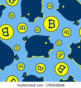 Seamless pattern tile with piggy bank shapes and coins. Bitcoin. 