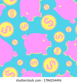 Seamless pattern tile with piggy bank shapes and coins.