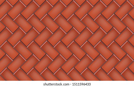 Seamless pattern of tiled cobblestone pavement. Geometric mosaic street tiles. Red color. Degree Herringbone Paver block of paving slabs. Editable Vector Illustration