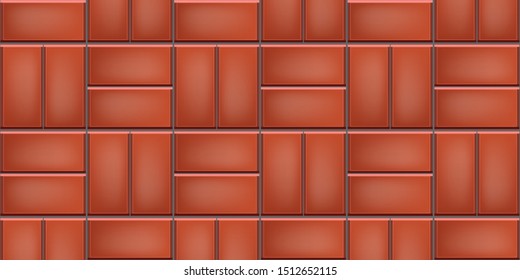 Seamless pattern of tiled cobblestone pavers. Geometric mosaic street tiles. Red color. Double Basketweave paver block of paving slabs. Editable Vector Illustration