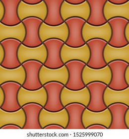 Seamless pattern of tiled cobblestone pavers. Geometric mosaic street tiles. Red and yellow color. Round Dumble Paver block of paving slabs. Editable Vector Illustration