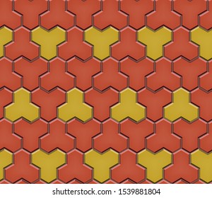 Seamless pattern of tiled cobblestone pavers. Geometric mosaic street tiles. Red and yellow color. Paver block of paving slabs. Editable Vector Illustration