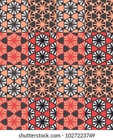 Seamless pattern tiled ornament. Floral textile print. Islamic vector design. Oriental background with abstract flowers. Hexagonal patchwork swatch. Stained glass vitrage.