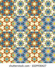 Seamless pattern tiled ornament. Floral textile print. Islamic vector design. Oriental background with abstract flowers. Hexagonal patchwork swatch. Stained glass vitrage.