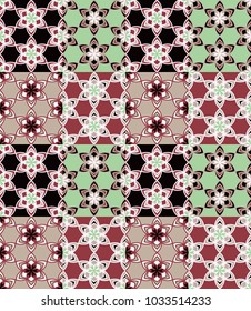 Seamless pattern tiled ornament. Floral textile print. Islamic vector design. Oriental background with abstract flowers. Hexagonal patchwork swatch. Stained glass vitrage.