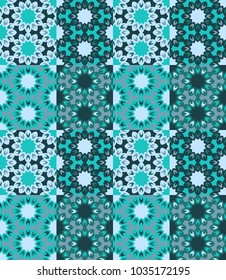 Seamless pattern tiled ornament. Floral textile print. Islamic vector design. Oriental background with abstract flowers. Hexagonal patchwork swatch. Stained glass vitrage.