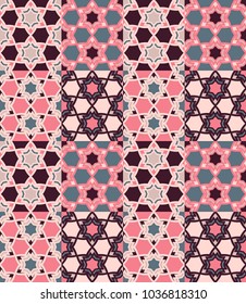 Seamless pattern tiled ornament. Floral textile print. Islamic vector design. Oriental background with abstract flowers. Hexagonal patchwork swatch. Stained glass vitrage.