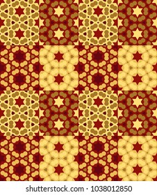 Seamless pattern tiled ornament. Floral textile print. Islamic vector design. Oriental background with abstract flowers. Hexagonal patchwork swatch. Stained glass vitrage.
