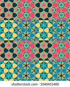 Seamless pattern tiled ornament. Floral textile print. Islamic vector design. Oriental background with abstract flowers. Hexagonal patchwork swatch. Stained glass vitrage.