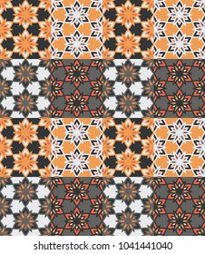 Seamless pattern tiled ornament. Floral textile print. Islamic vector design. Oriental background with abstract flowers. Hexagonal patchwork swatch. Stained glass vitrage.